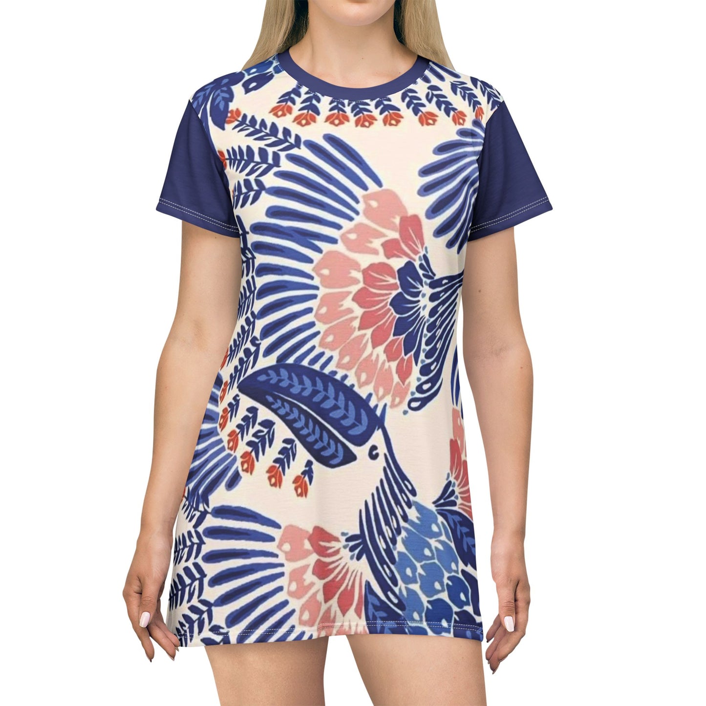 Floral Folk-Print T-Shirt Dress — Blue & Coral