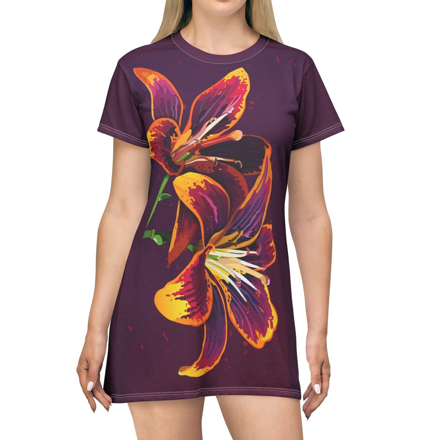 Purp T-Shirt Dress with a Colorful Lily Flower