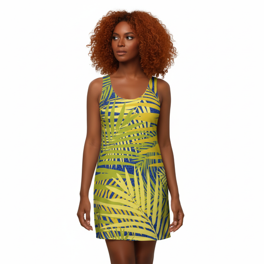 Romantic Blue with Yellow and Green Tropical Leaves Racerback Dress