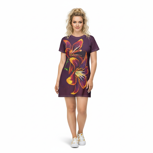 Purp T-Shirt Dress with a Colorful Lily Flower
